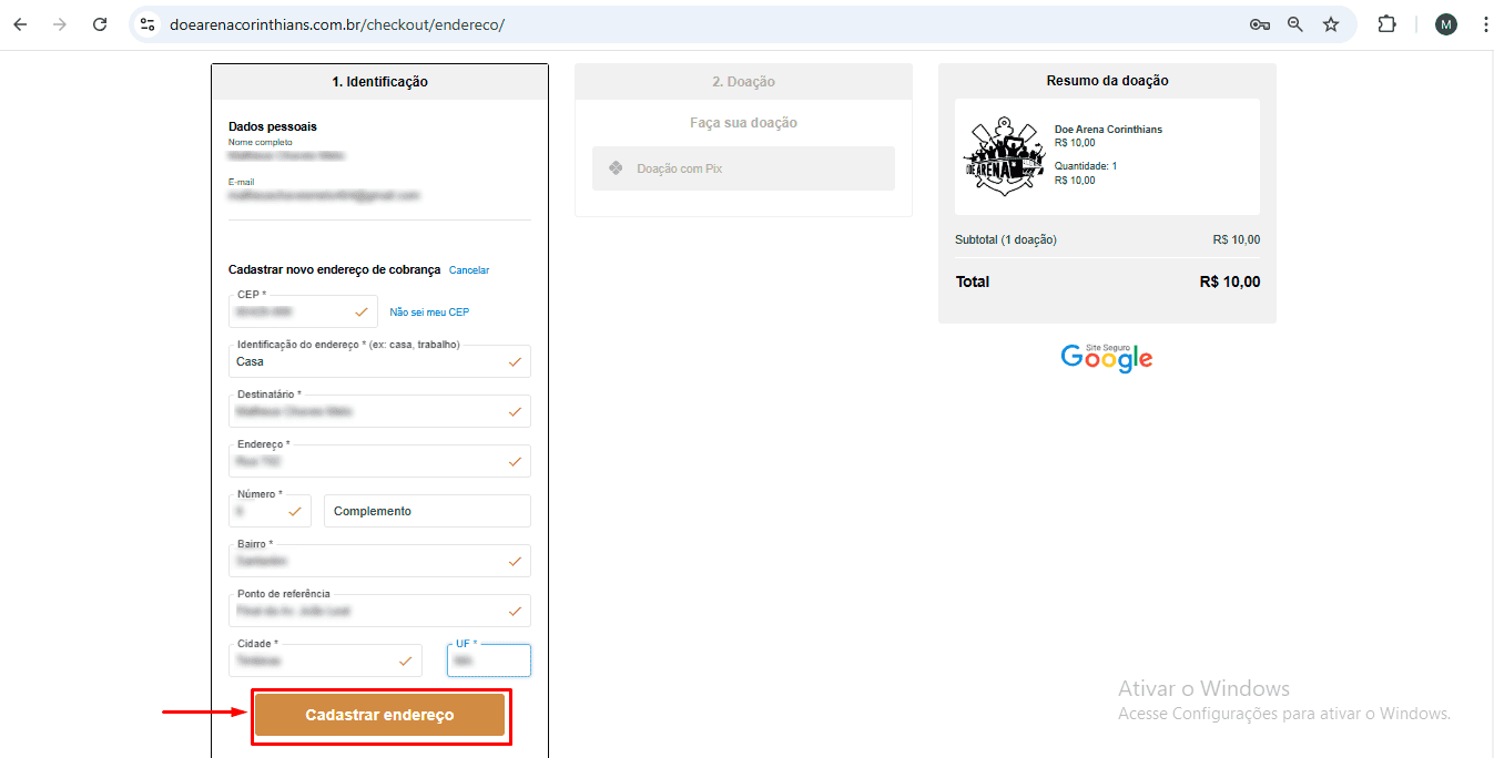 Cadastro de endereço para doação na Doe Arena Corinthians
