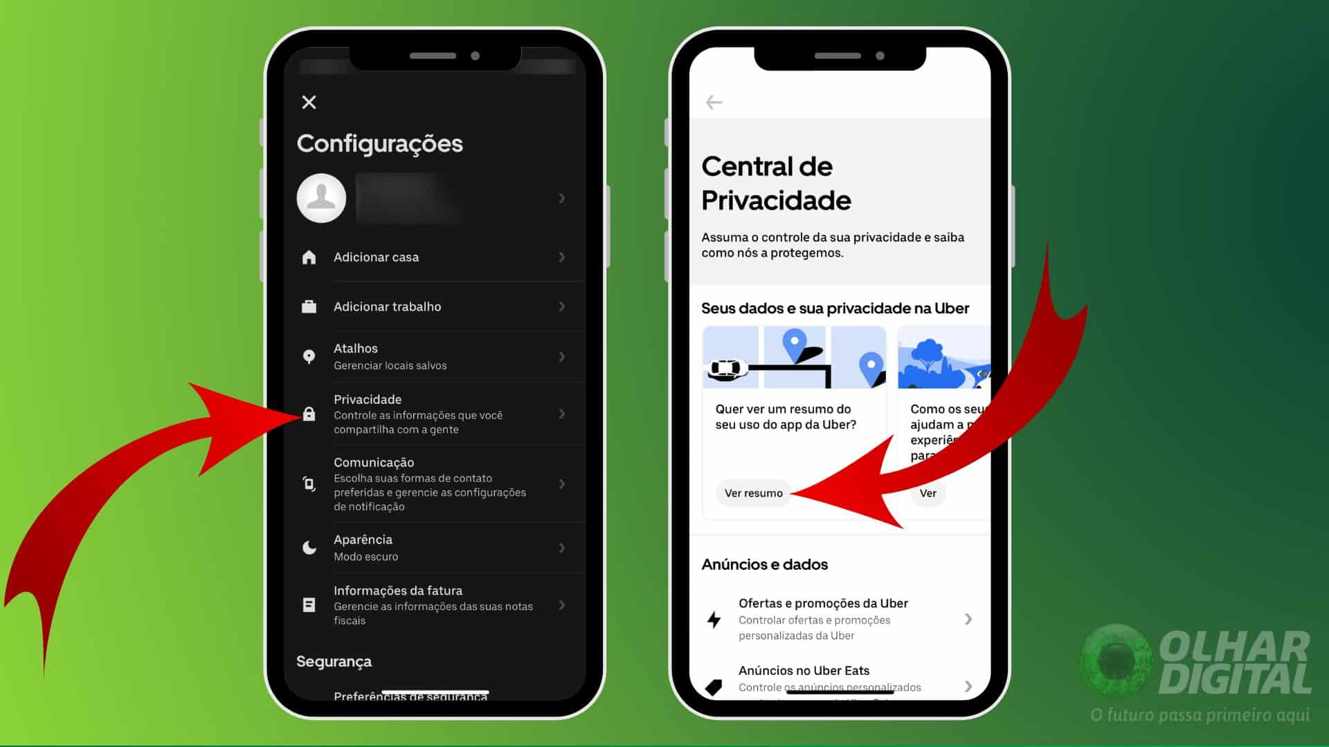 Central de privacidade do aplicativo Uber