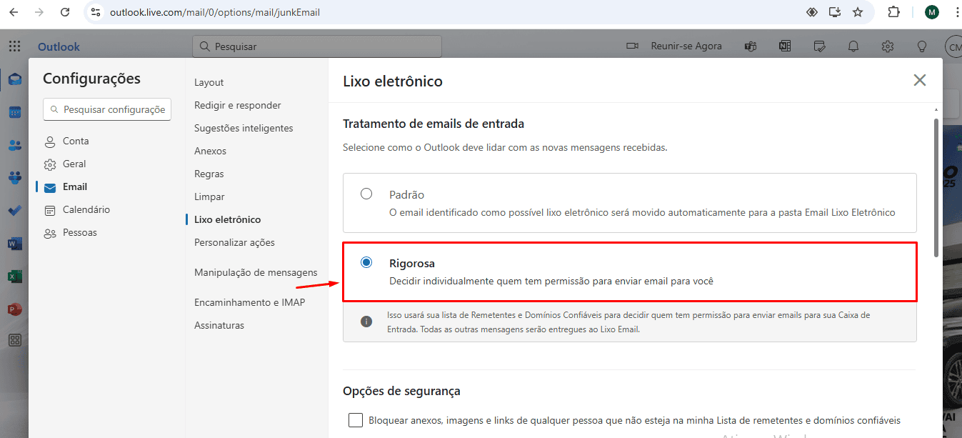 Selecionar opção rigorosa no Outlook