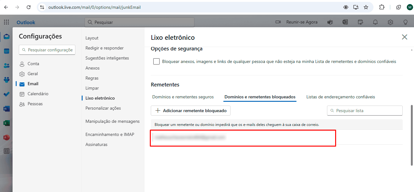 Lista de e-mails bloqueados no Outlook