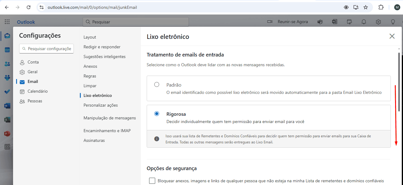 Descer a lista de configurações de bloqueio do Outlook