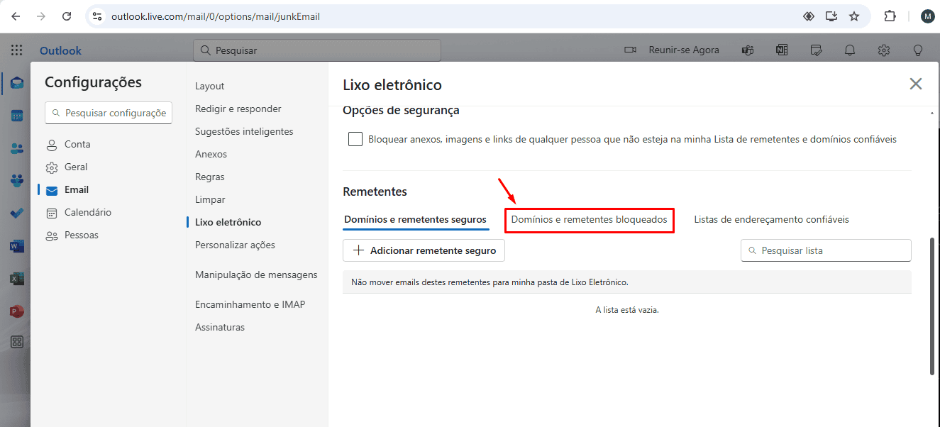 Domínios e remetentes bloqueados no Outlook