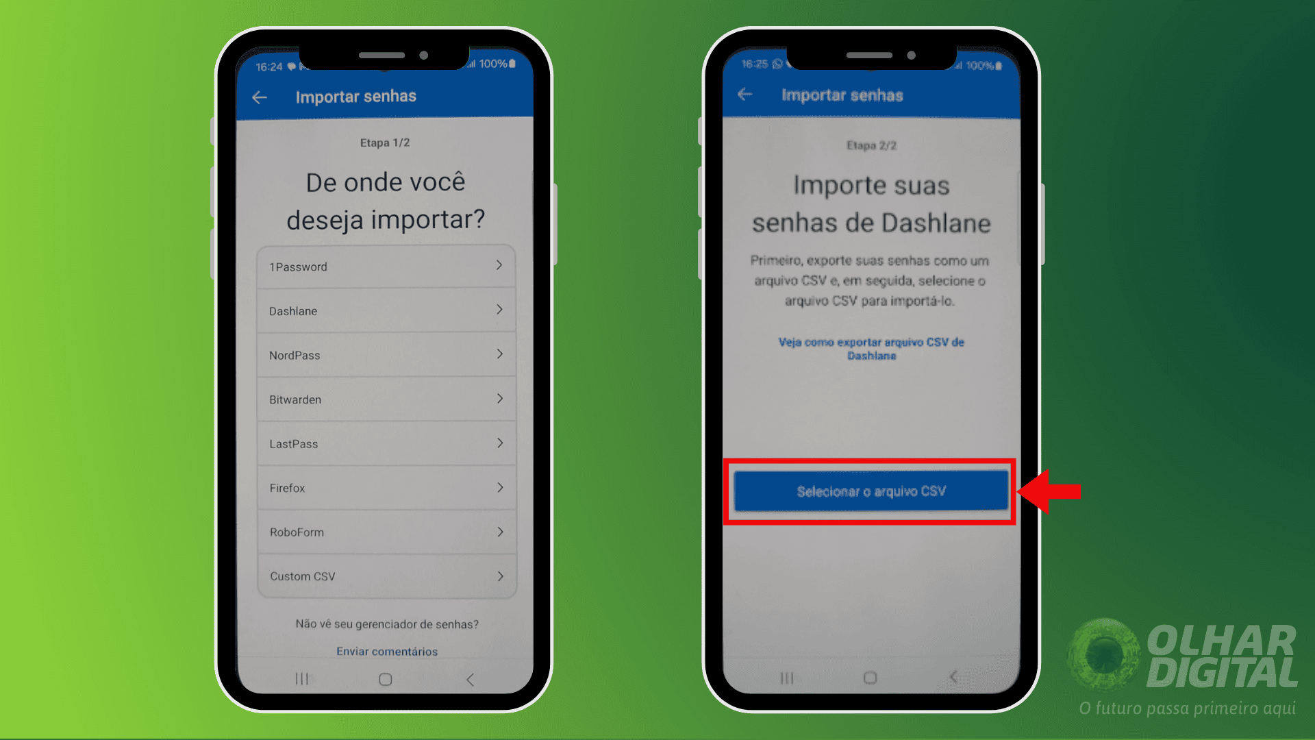 Importação de senhas via gerenciador no Microsoft Authenticator.