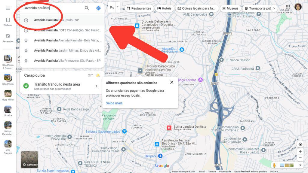 Tela do Google Maps no computador mostrando o campo de pesquisa