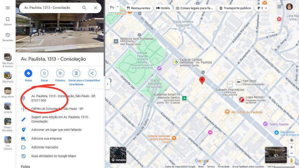 Painel de informações do Google Maps com o CEP