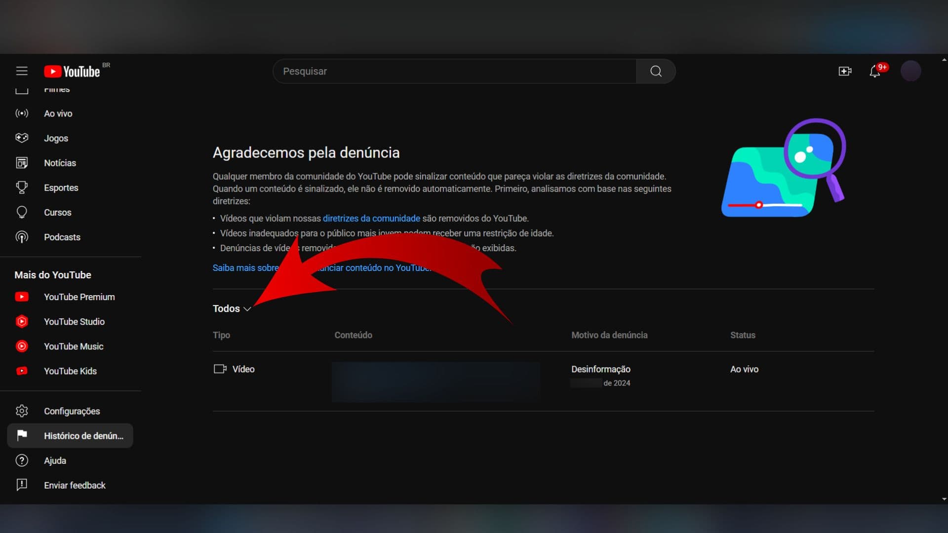 Exemplo da tela para acessar denúncias no YouTube