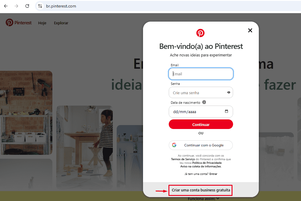 Criar conta Business gratuita no Pinterest