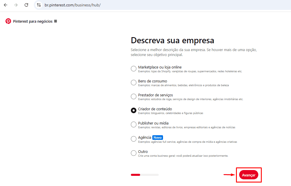 Descrição da empresa no Pinterest