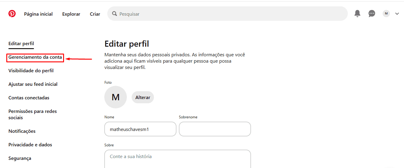 Gerenciamento da conta no Pinterest