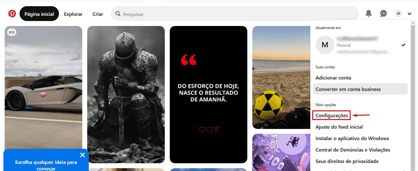 Selecionar configurações no Pinterest