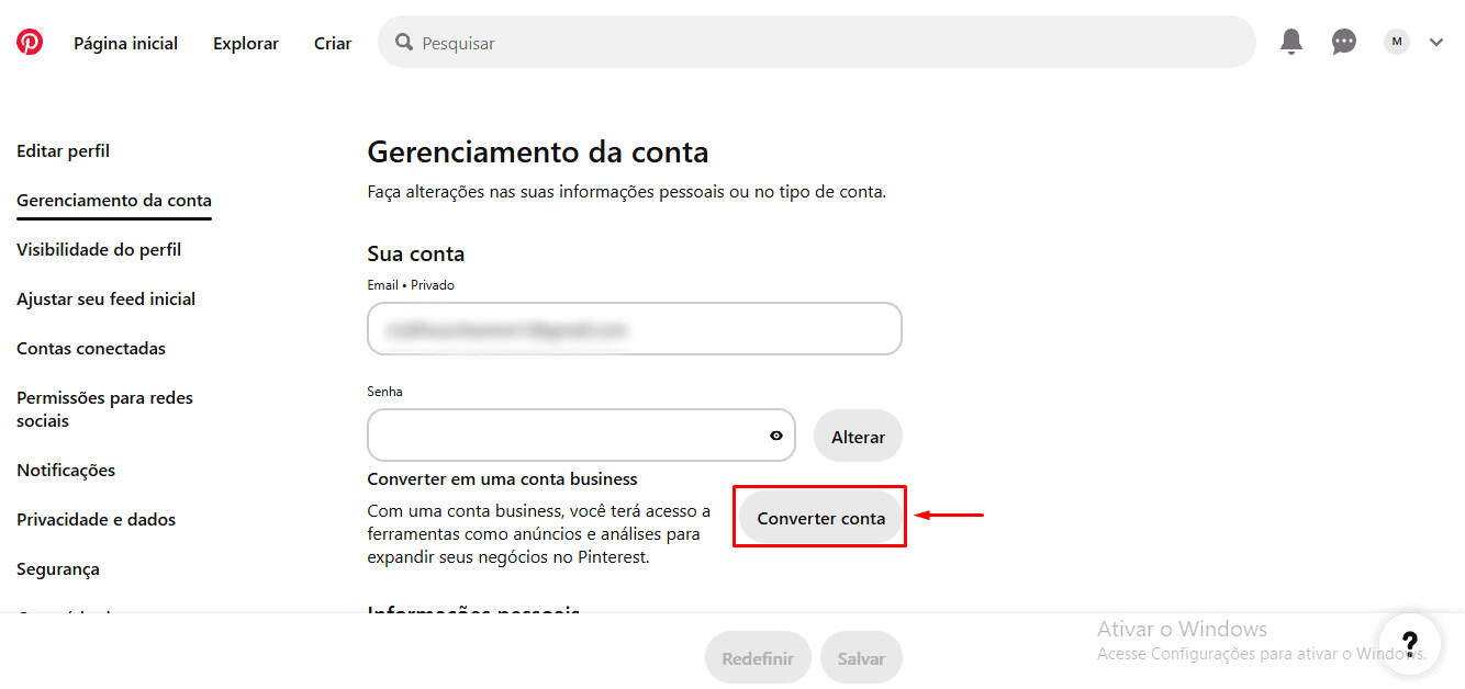 Converter conta pessoal em Business no Pinterest