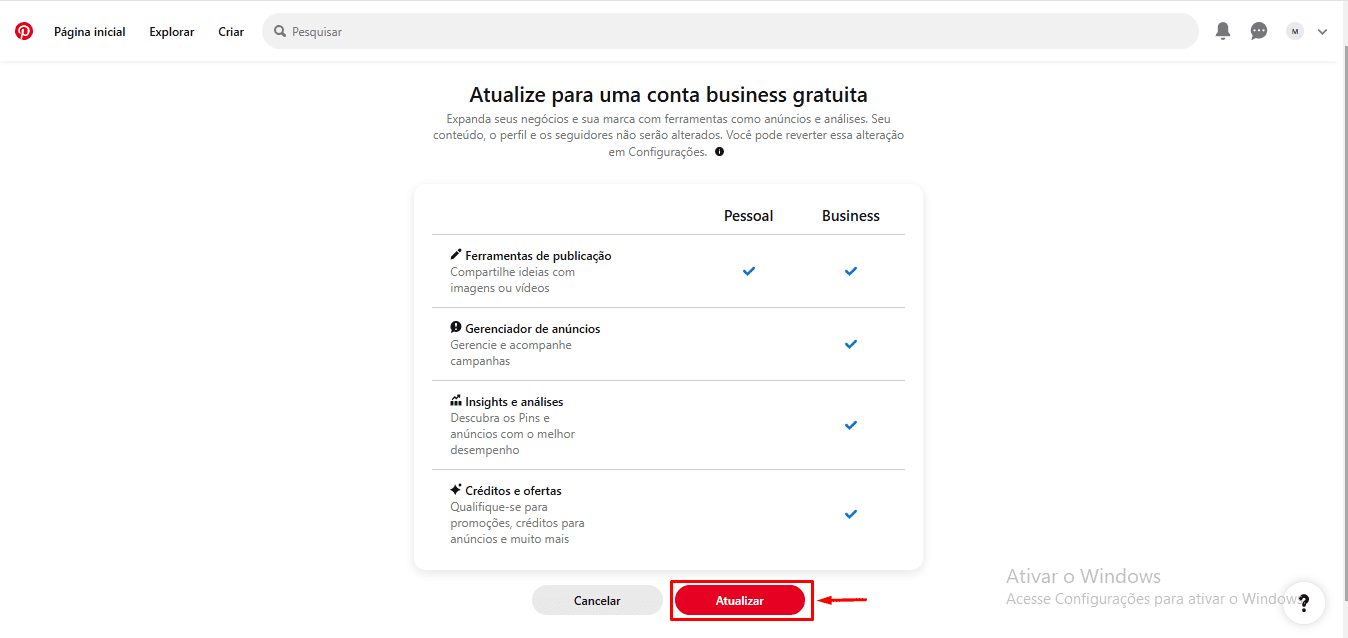 Conta Business atualizada no Pinterest