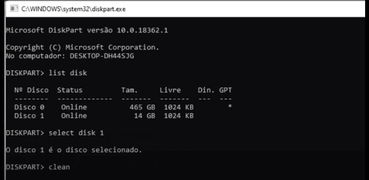 Prompt de Comando utilizado para formatar o dispositivo