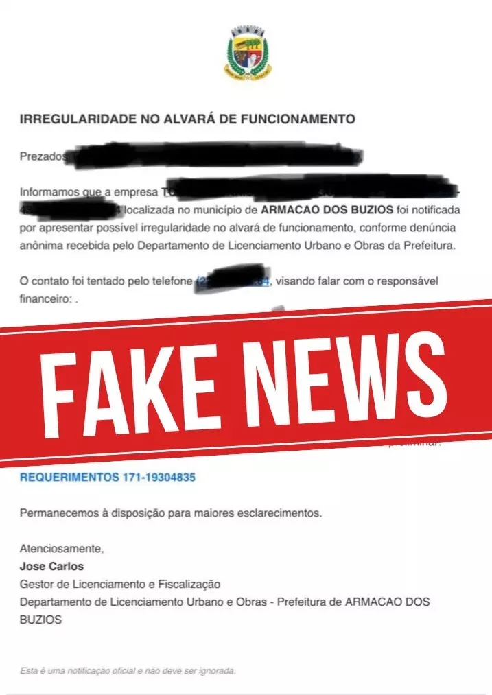 Prefeitura de Búzios alerta sobre mensagem da regularização de alvará por e-mail é FAKE