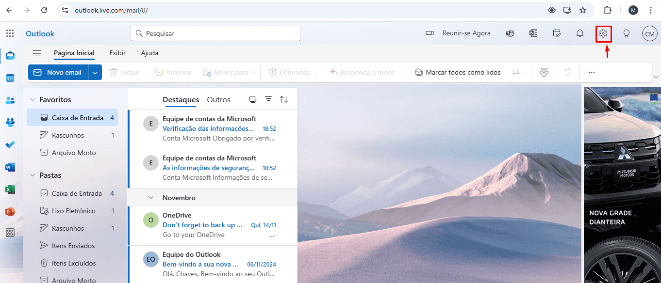 Ícone de configurações do Outlook