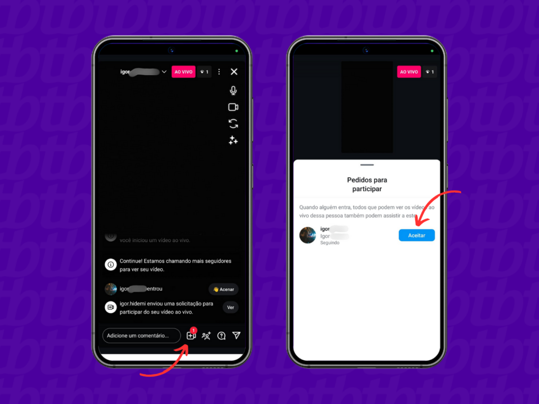 Aceitando o pedido de participação na live do Instagram