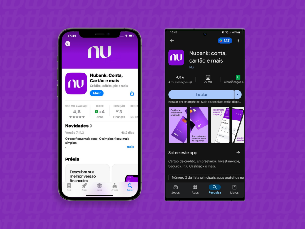 Captura de tela da App Store e Google Play Store mostrando como baixar o aplicativo Nubank