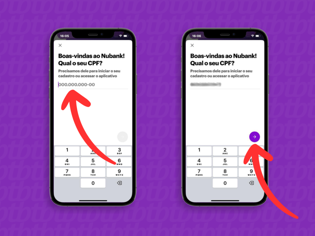 Captura de tela do aplicativo Nubank mostrando como cadastrar o CPF