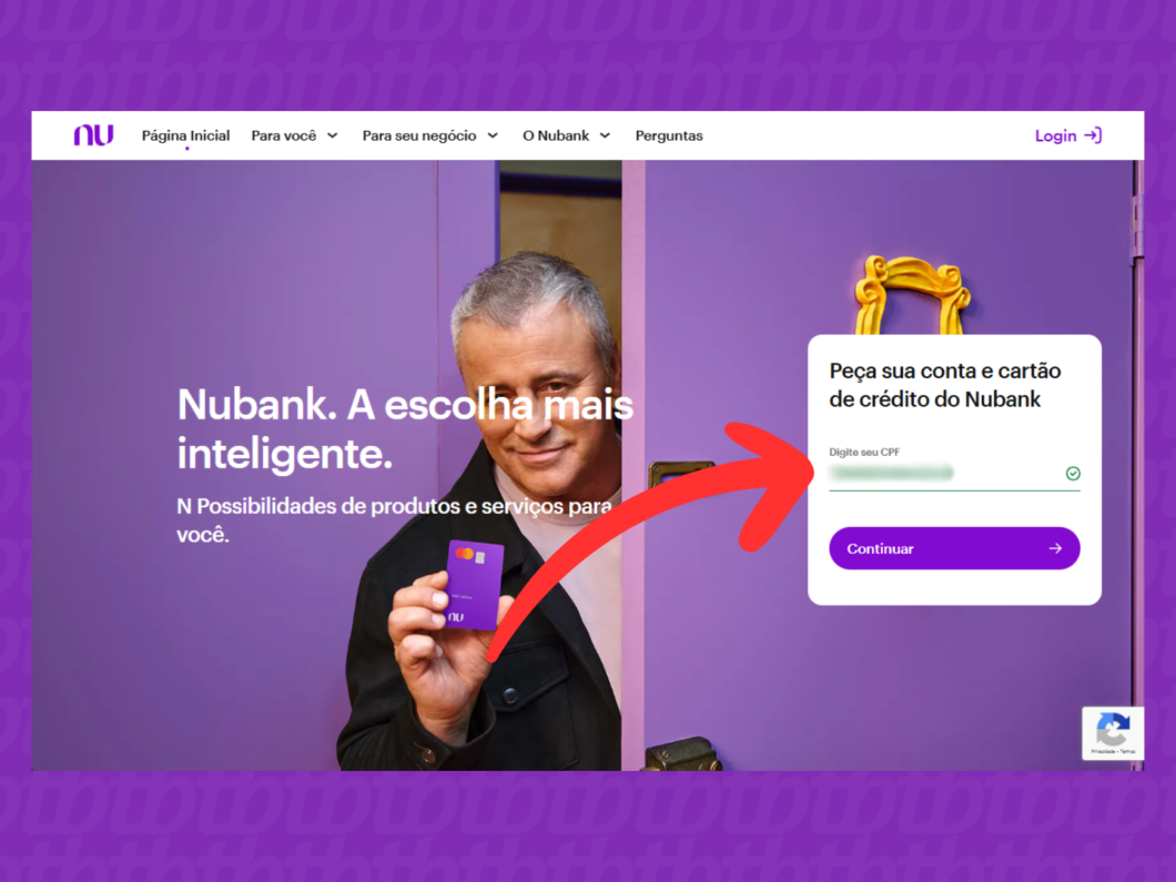 Captura de tela do site Nubank mostra como iniciar o cadastro da conta PF