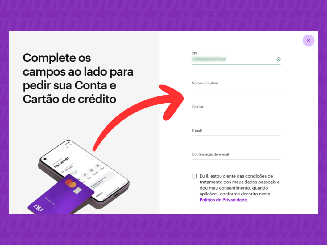 Captura de tela do site Nubank mostra como completar o cadastro da conta PF