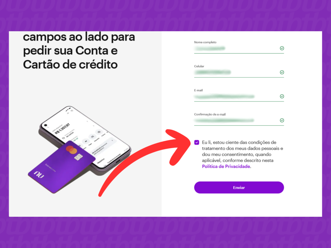 Captura de tela do site Nubank mostra como confirmar as condições do tratamento de dados do cadastro da conta PF