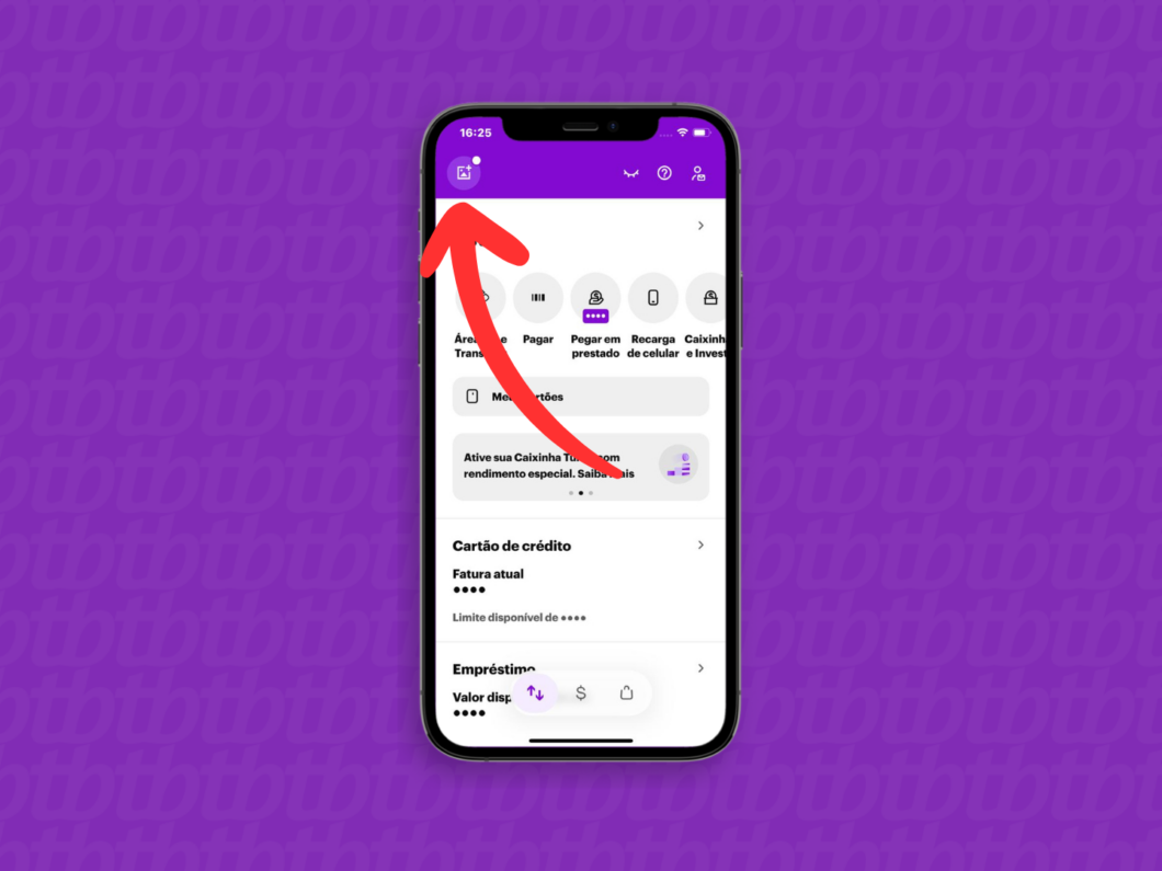 Captura de tela do aplicativo Nubank mostra como abrir menu principal