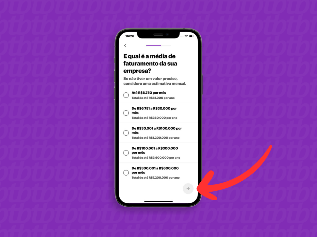 Captura de tela do aplicativo Nubank mostra como informar a estimativa do faturamento da empresa