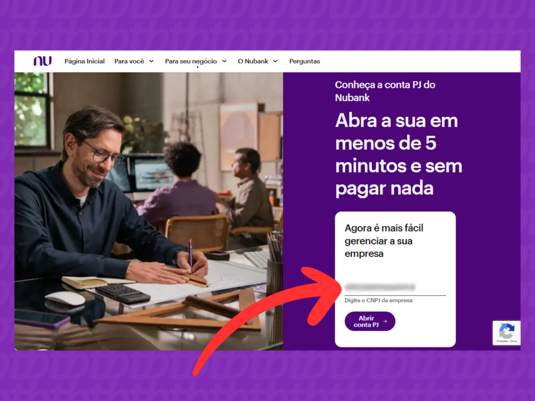 Captura de tela do site Nubank mostra como iniciar o cadastro de uma conta PJ