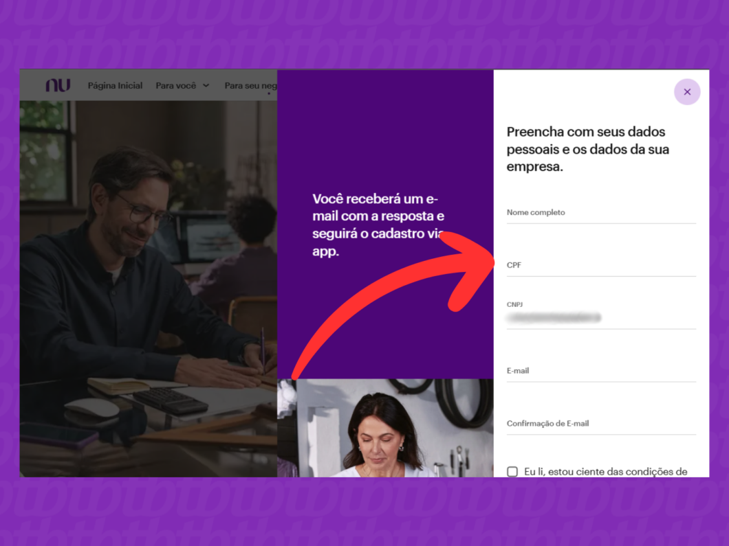 Captura de tela do site Nubank mostra como completar o cadastro de uma conta PJ