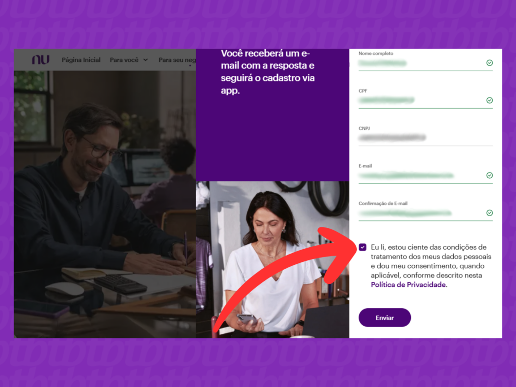 Captura de tela do site Nubank mostra como confirmar as condições do tratamento de dados do cadastro de uma conta PJ