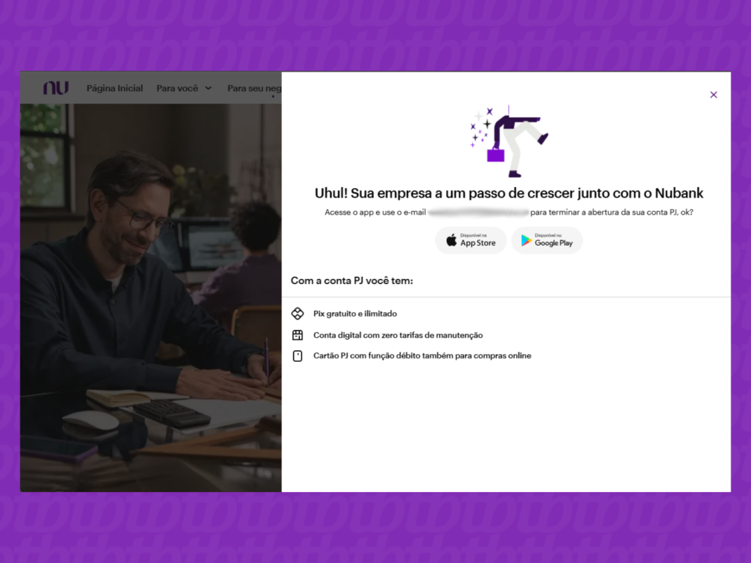 Captura de tela do site Nubank mostra tela de confirmação do cadastro da conta PJ