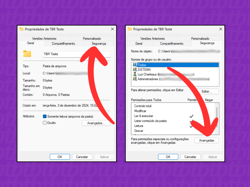 Acessando as opções 'Avançadas' de permissão da pasta