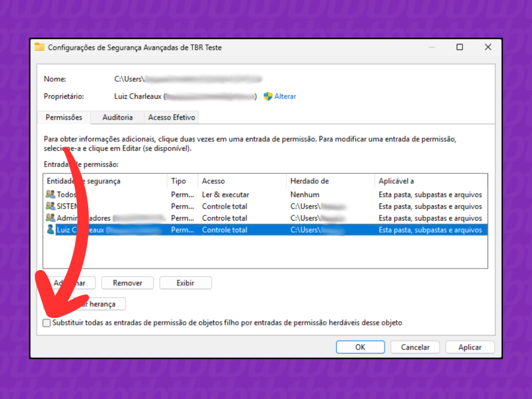 Substituindo as entradas de permissão da pasta