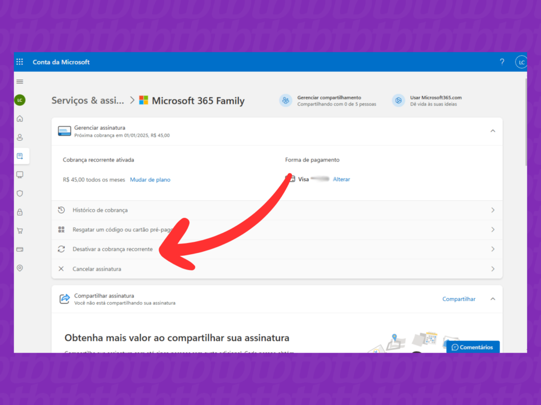 Captura de tela do site Microsoft mostrando como desativar a cobrança recorrente