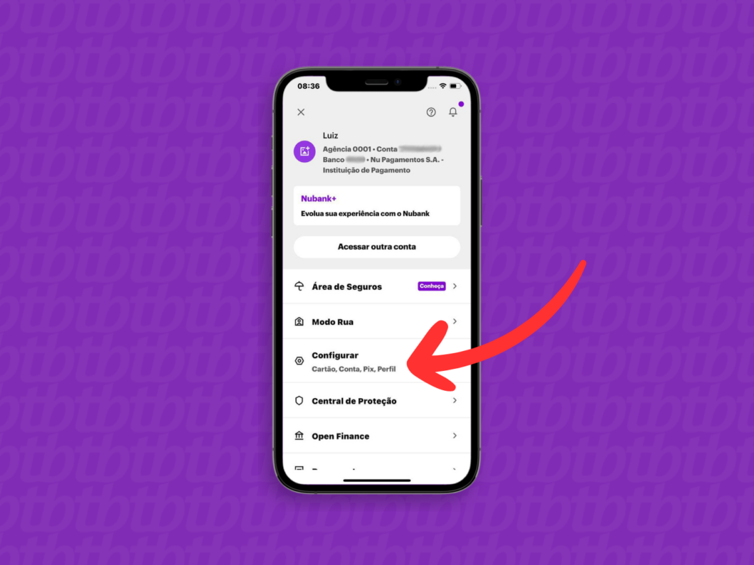 Captura de tela do aplicativo Nubank mostrando o menu Configurar