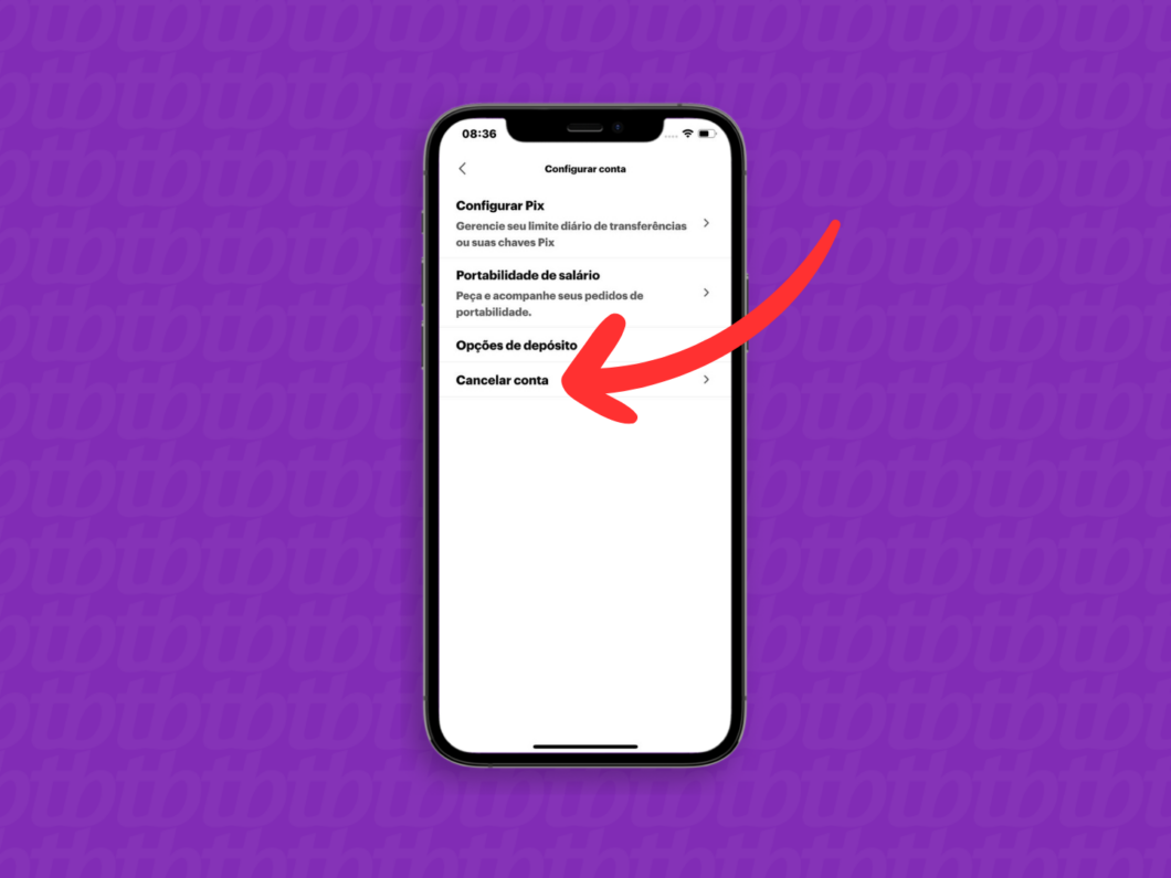 Captura de tela do aplicativo Nubank mostrando a opção Cancelar Conta
