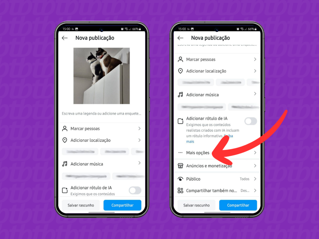 Captura de tela do Instagram mostrando como acessar o menu 'Mais opções'