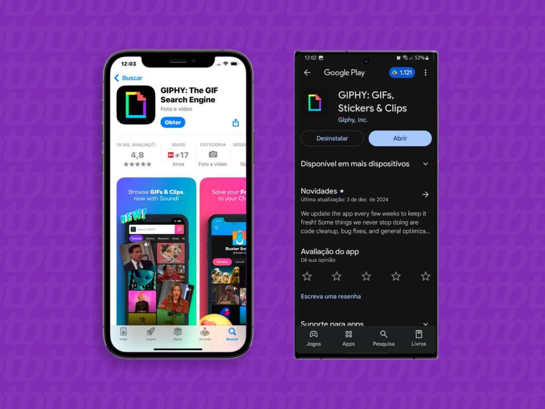 Captura de tela do iPhone e do Android mostra a tela para baixar o aplicativo GIPHY