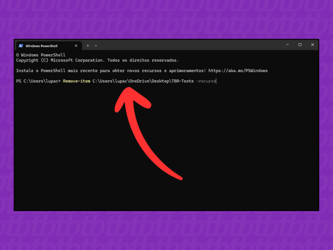 Inserindo o comando do PowerShell para deletar a pasta