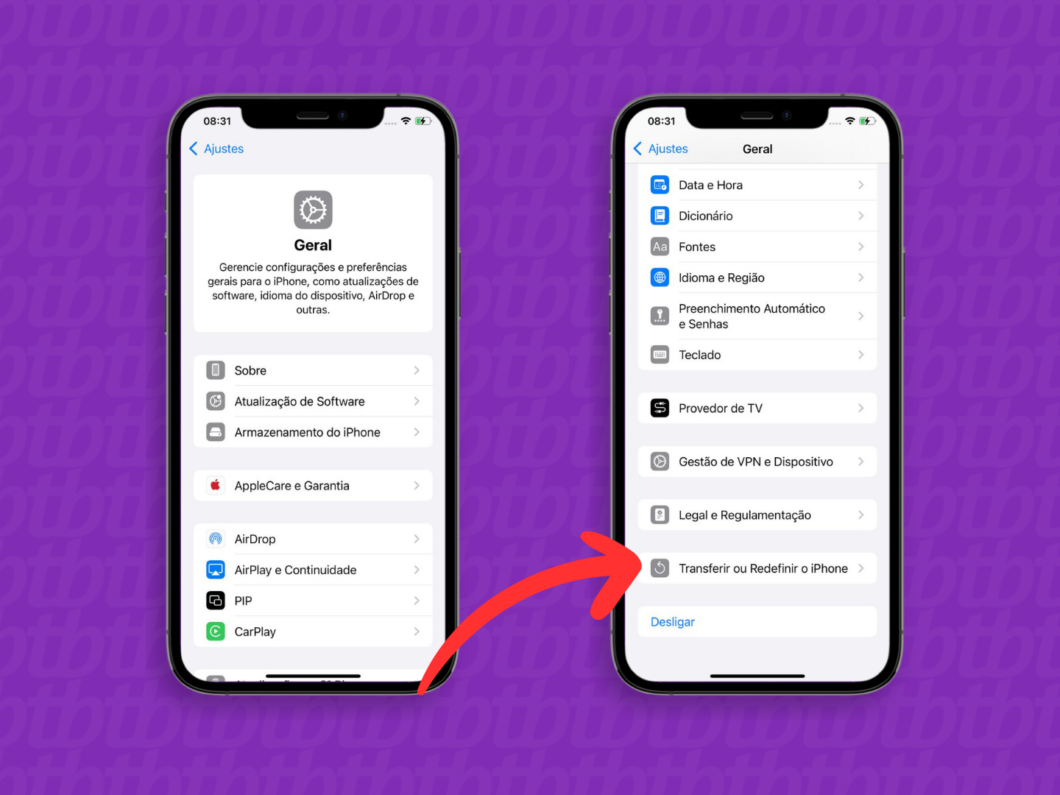 Captura de tela do iPhone mostra como acessar o menu Transferir ou redefinir