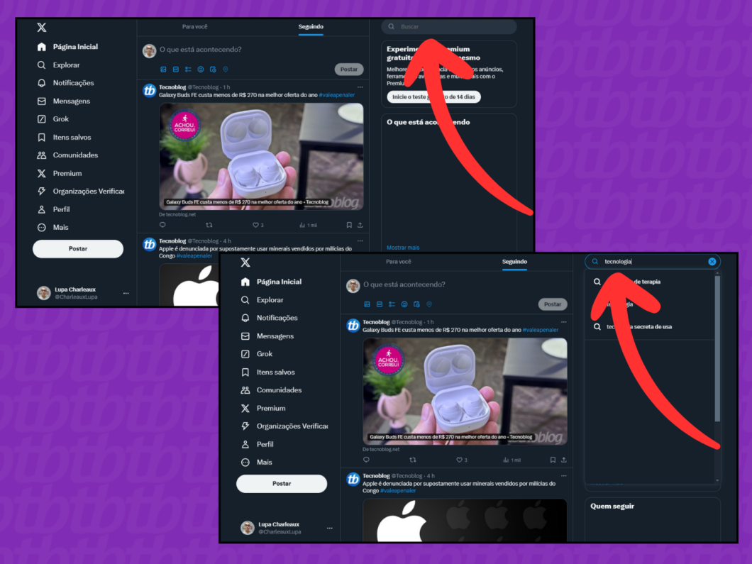 Captura de tela do site X (Twitter) mostrando como acessar o campo de busca