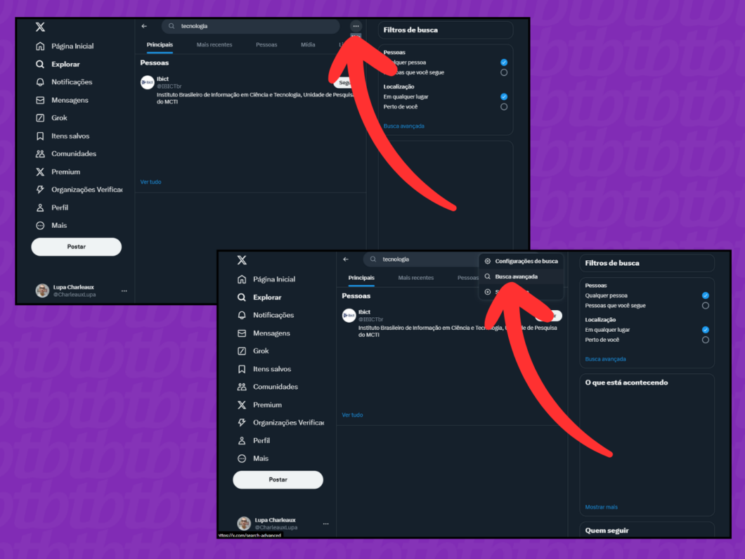 Captura de tela do site X (Twitter) mostrando como acessar o menu Busca Avançada