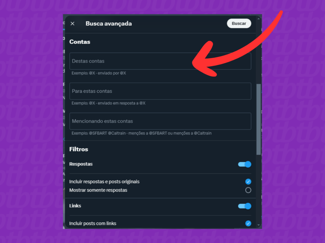 Captura de tela do site X (Twitter) mostrando como filtrar as contas da pesquisa