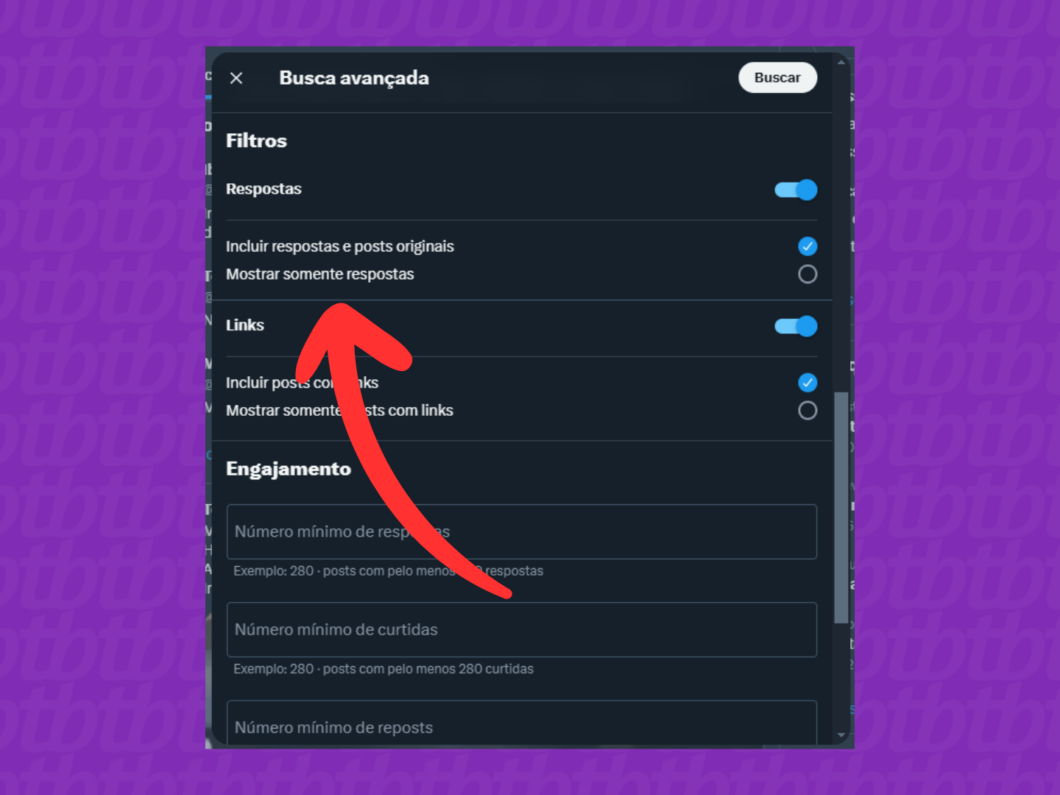 Captura de tela do site X (Twitter) mostrando como filtrar as categorias de publicação na pesquisa