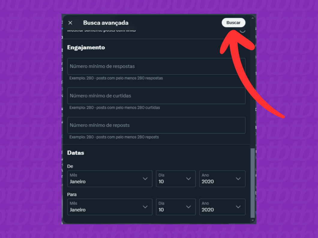 Captura de tela do site X (Twitter) mostrando como realizar a pesquisa avançada