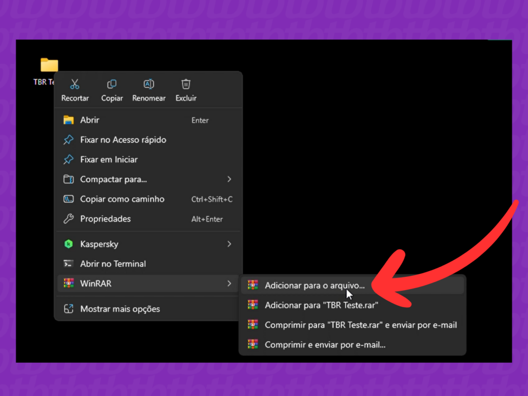 Selecionando a opção 'Adicionar para o arquivo...' do WinRAR