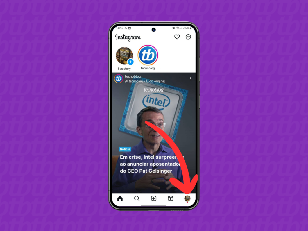 Captura de tela do aplicativo Instagram mostrando como acessar o perfil