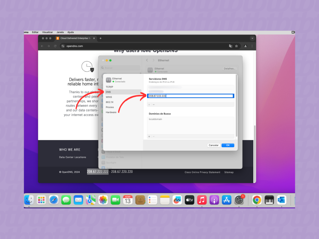 Configurando o endereço DNS do OpenDNS pelo Mac