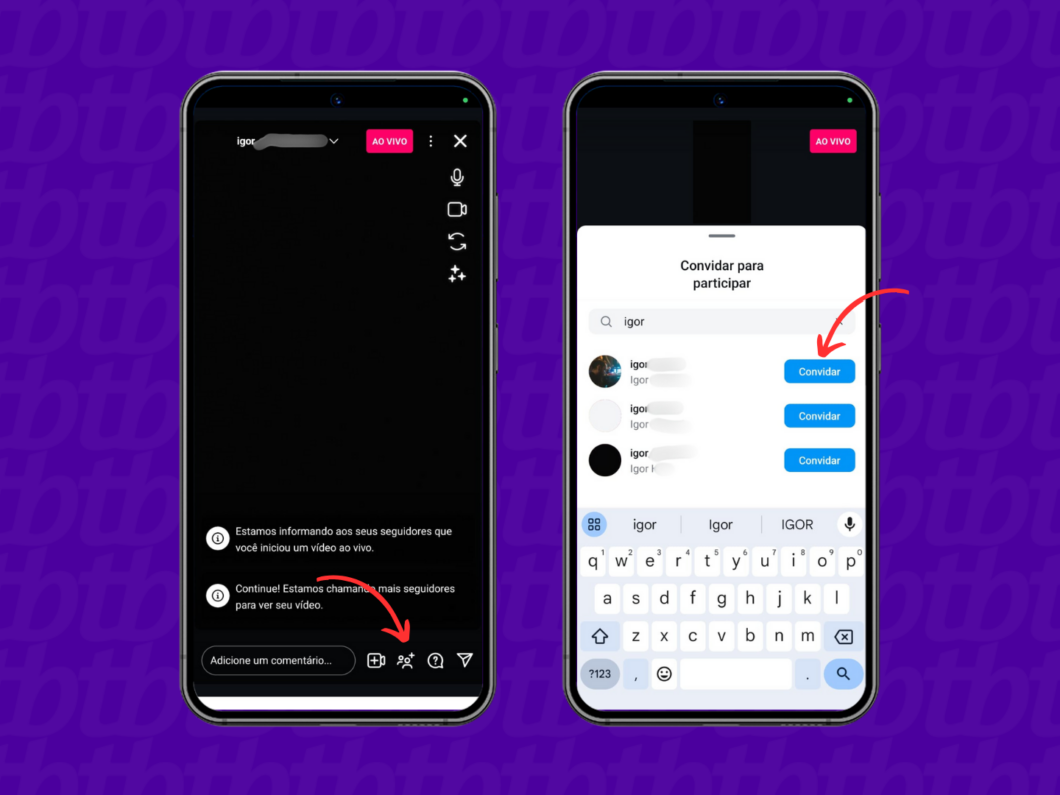 Convidando um participante para a live no Instagram