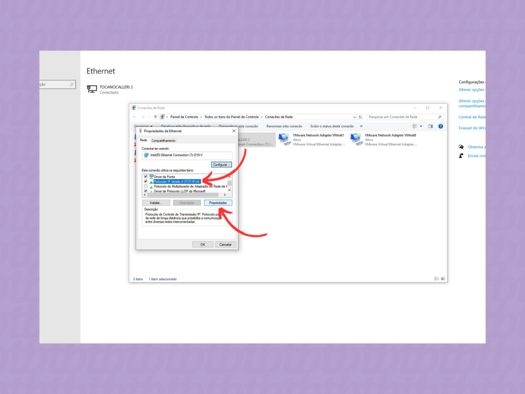 Entrando nas propriedades do protocolo IPV4 da rede conectada